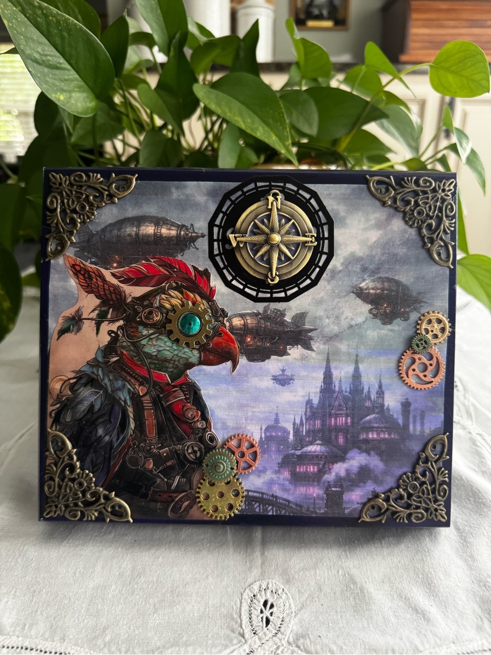 Steampunk wood cigar box mixed media Aviary Art with Brass Accents 8.5”x 7.5”x2”